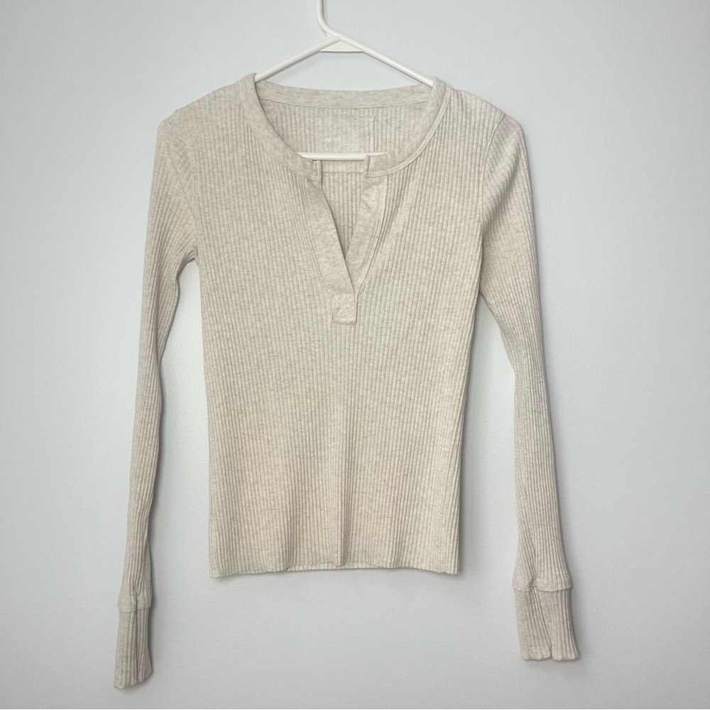 Aerie Cream Ribbed Henley Long Sleeve Shirt Size Small